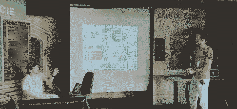 Pierre-Yves and me discussing about an aspect of Poizone at the play-conference of Festival des Jeux, September 2024